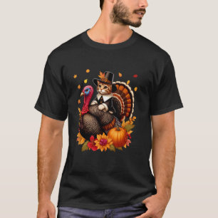 Cat Riding Turkey Thanksgiving Fall Leaves Funny O T-Shirt