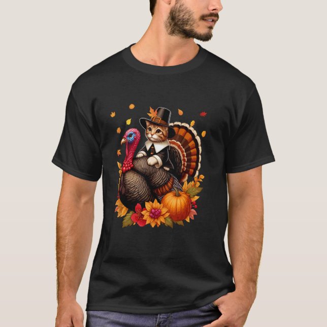 Cat Riding Turkey Thanksgiving Fall Leaves Funny O T-Shirt (Front)