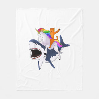 Cat Riding Unicorn Riding Shark Gift T-Shirt T-Shi Fleece Blanket