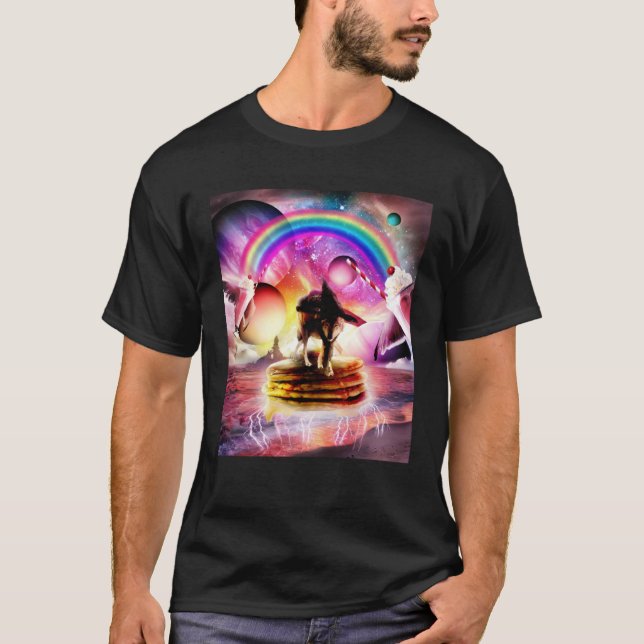 Cat Riding Wolf With Pancakes And Milkshake T-Shirt (Front)
