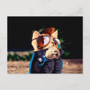 Cat rocker dressed up in leather jacket postcard