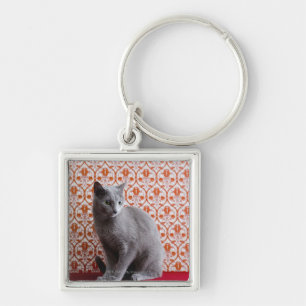 Cat (Russian blue) and wallpaper background Keychain