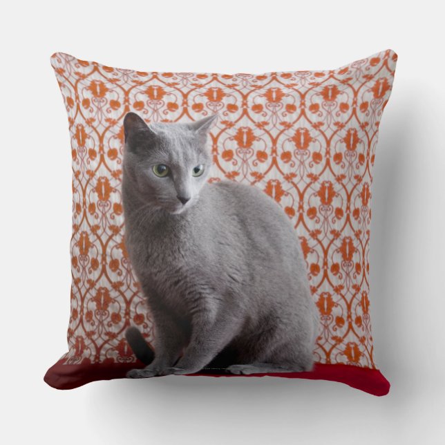 Cat (Russian blue) and wallpaper background Throw Pillow (Front)