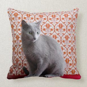 Cat (Russian blue) and wallpaper background Throw Pillow