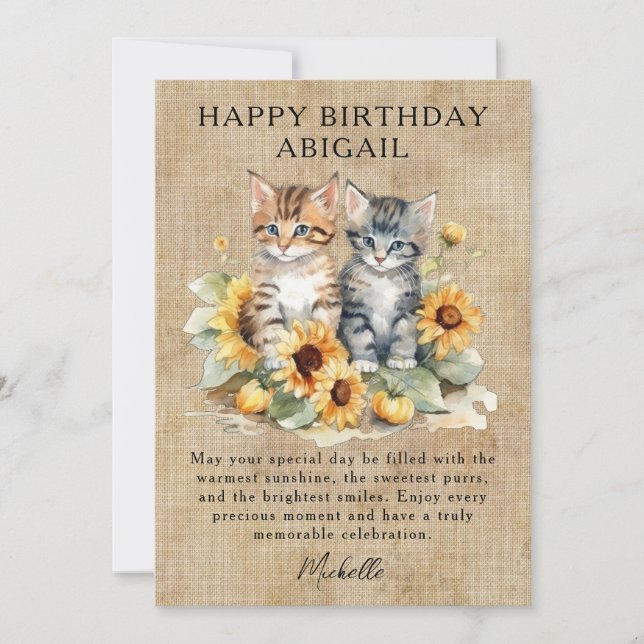 Cat Rustic Sunflowers and Kittens Birthday Card (Front)