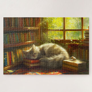Cat’s Cozy Library Siesta Gift for Cat Lover Jigsaw Puzzle