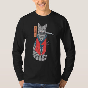 Cat Samurai Katana Sword And Japanese Kanji T-Shirt