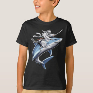 Cat Samurai Ninja Riding Shark T-Shirt