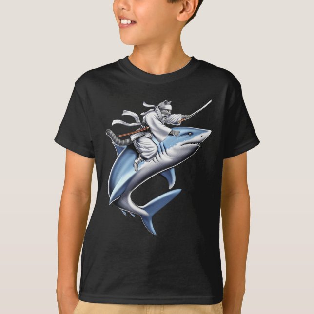 Cat Samurai Ninja Riding Shark T-Shirt (Front)