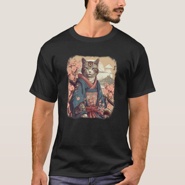 Cat samurai  ninja warrior flowers, moon, Japanese T-Shirt (Front)