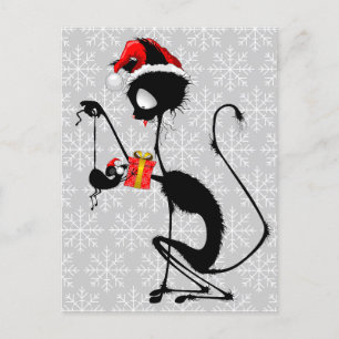 Cat Santa and Mouse with Christmas Gift  Postcard