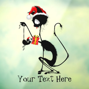 Cat Santa and Mouse with Christmas Gift  Window Cling