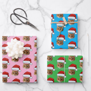 Cat Santa Hat   Custom Face Photo Pink Christmas Wrapping Paper Sheet