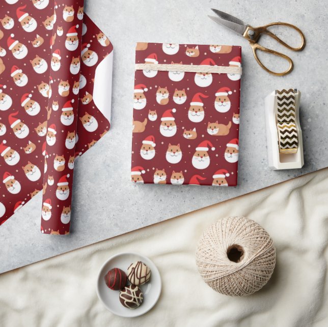 Cat Santa Merry Christmas Pattern Wrapper Wrapping Paper (Crafts)