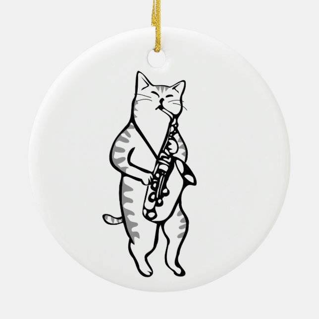 Cat Saxophone Player Musician Jazz Rock Funny Cute Ceramic Ornament (Back)