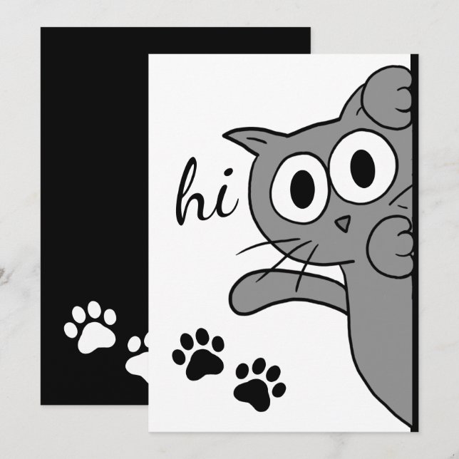 Cat Saying Hi Hello Paw Print Grey Flat Card (Front/Back)