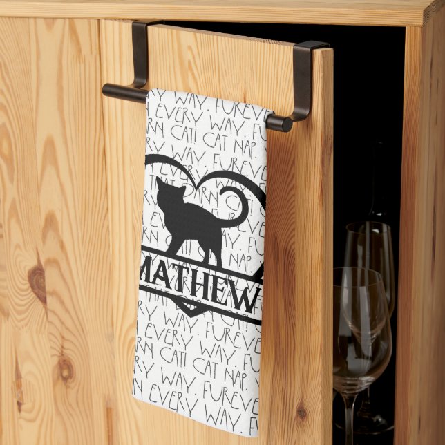 Cat Sayings and Silhouette Heart Split Monogram  Kitchen Towel (Thirds Fold)