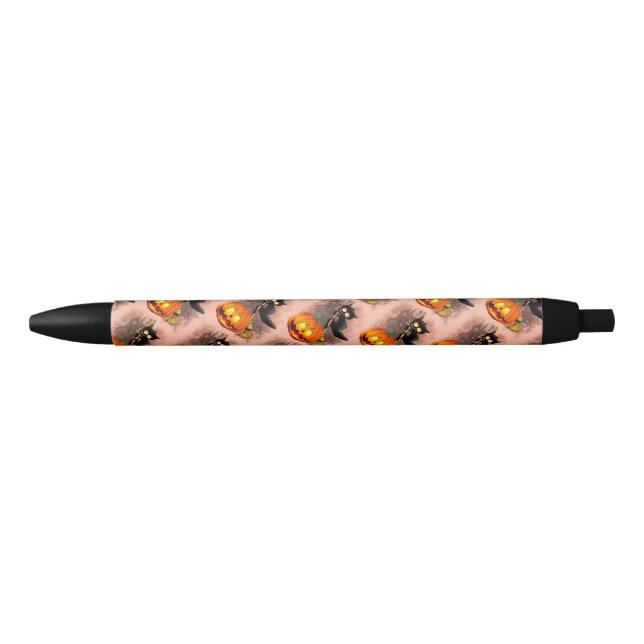 Cat Scared by Pumpkin Fun Halloween Character Black Ink Pen (Front)
