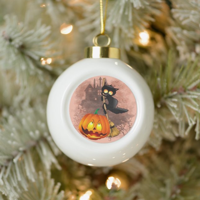 Cat Scared by Pumpkin Fun Halloween Character Ceramic Ball Christmas Ornament (Tree)