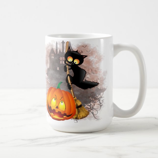 Cat Scared by Pumpkin Fun Halloween Character Coffee Mug (Right)