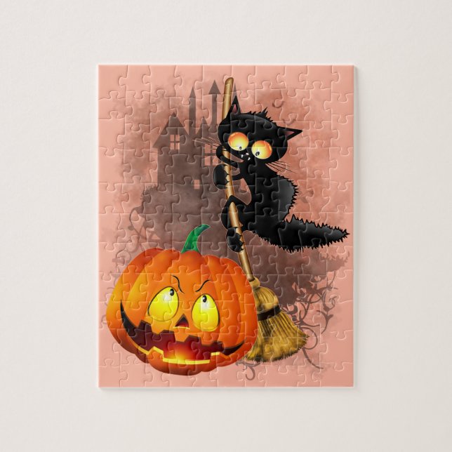 Cat Scared by Pumpkin Fun Halloween Character Jigsaw Puzzle (Vertical)