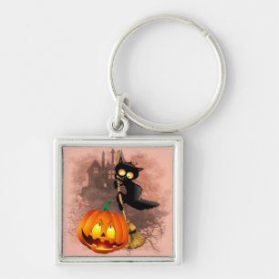 Cat Scared by Pumpkin Fun Halloween Character Keychain