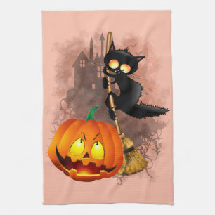 Cat Scared by Pumpkin Fun Halloween Character Kitchen Towel