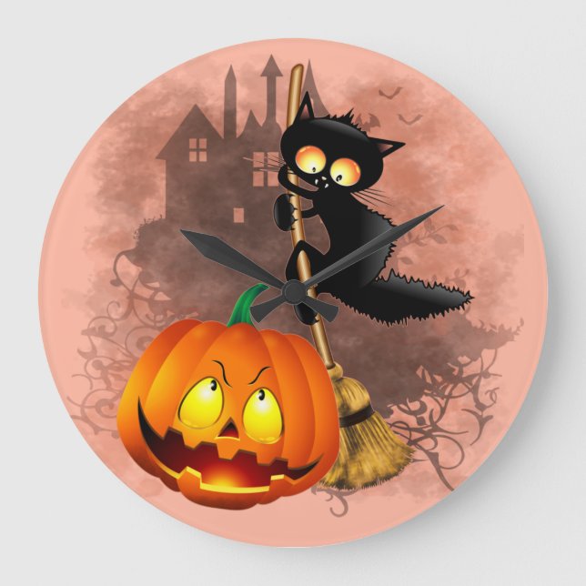 Cat Scared by Pumpkin Fun Halloween Character Large Clock (Front)