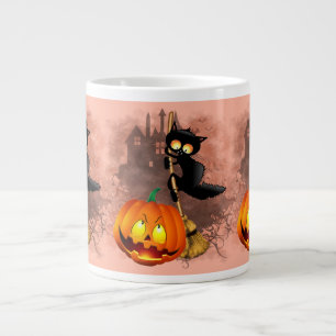 Cat Scared by Pumpkin Fun Halloween Character Large Coffee Mug