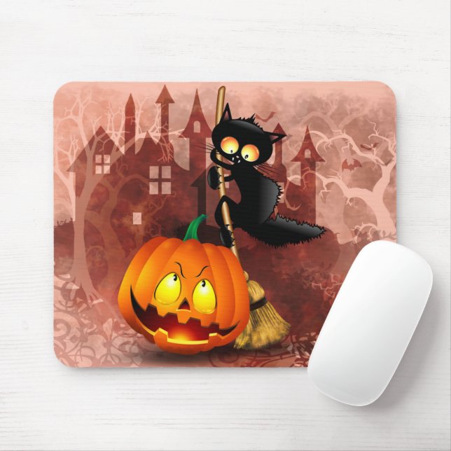 Cat Scared by Pumpkin Fun Halloween Character Mouse Pad (With Mouse)