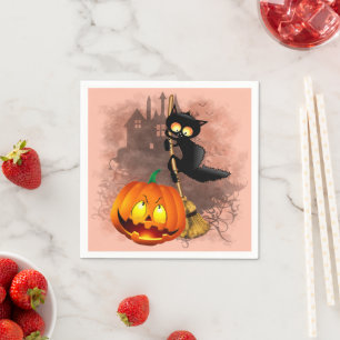 Cat Scared by Pumpkin Fun Halloween Character Napkin