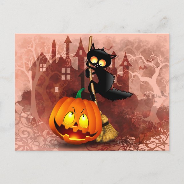 Cat Scared by Pumpkin Fun Halloween Character Postcard (Front)