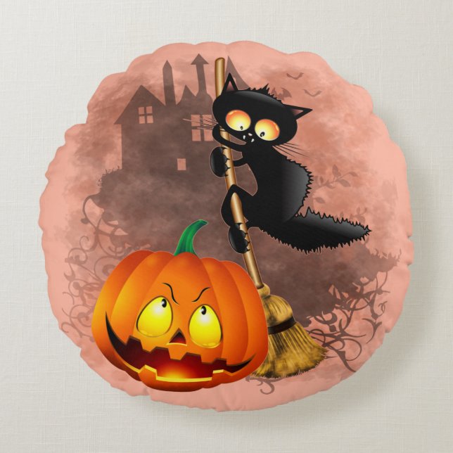 Cat Scared by Pumpkin Fun Halloween Character Round Pillow (Front)