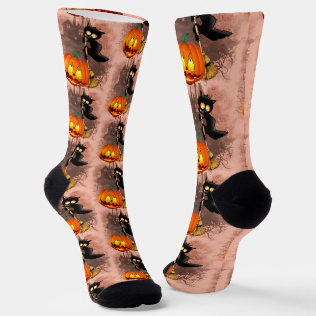 Cat Scared by Pumpkin Fun Halloween Character Socks (Angled)