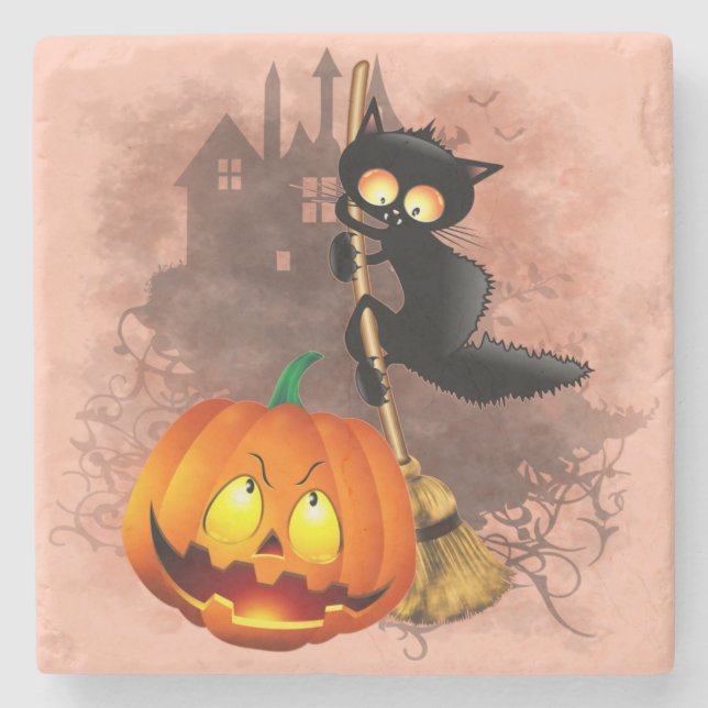 Cat Scared by Pumpkin Fun Halloween Character Stone Coaster (Front)
