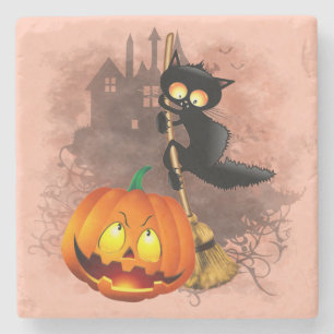 Cat Scared by Pumpkin Fun Halloween Character Stone Coaster