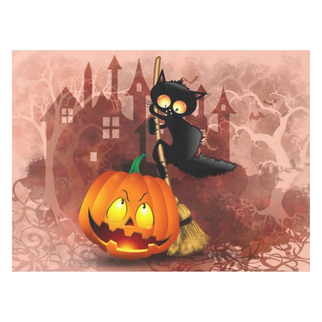 Cat Scared by Pumpkin Fun Halloween Character Tablecloth (Front (Horizontal))