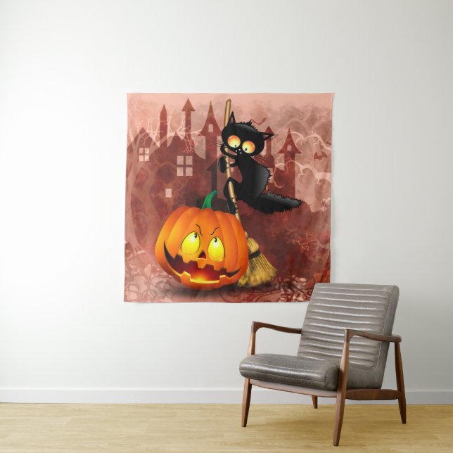 Cat Scared by Pumpkin Fun Halloween Character Tapestry (In Situ)