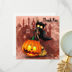 Cat Scared by Pumpkin Fun Halloween Character Thank You Card