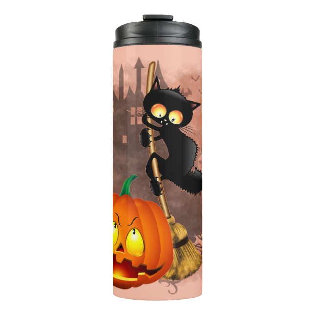 Cat Scared by Pumpkin Fun Halloween Character Thermal Tumbler (Front)