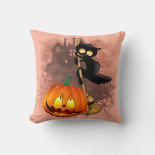 Cat Scared by Pumpkin Fun Halloween Character Throw Pillow