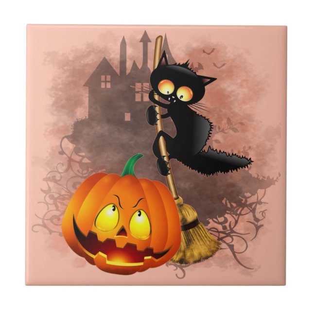 Cat Scared by Pumpkin Fun Halloween Character Tile (Front)