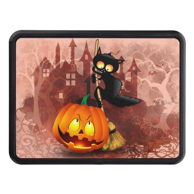 Cat Scared by Pumpkin Fun Halloween Character Trailer Hitch Cover (Front)