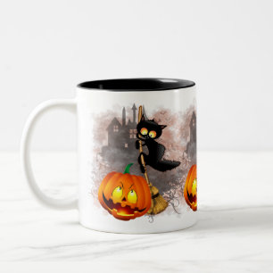 Cat Scared by Pumpkin Fun Halloween Character Two-Tone Coffee Mug