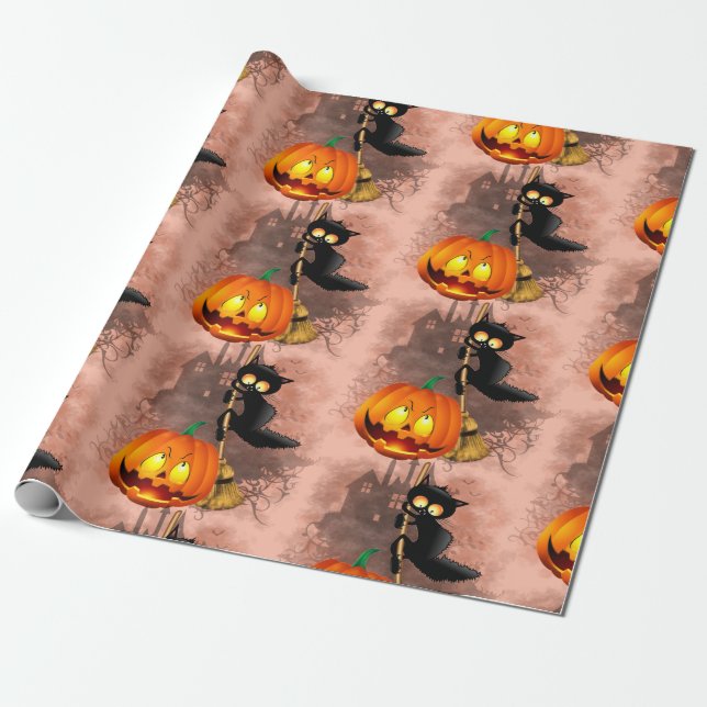 Cat Scared by Pumpkin Fun Halloween Character Wrapping Paper (Unrolled)