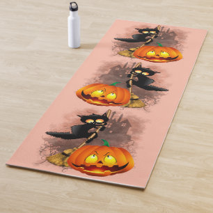 Cat Scared by Pumpkin Fun Halloween Character Yoga Mat