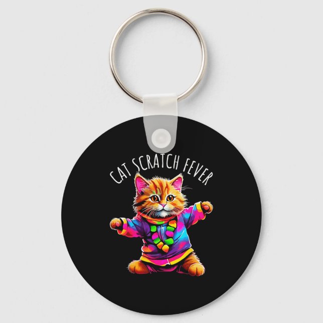 Cat Scratch Fever Funny Cute Colourful Dancing Cat Keychain (Front)