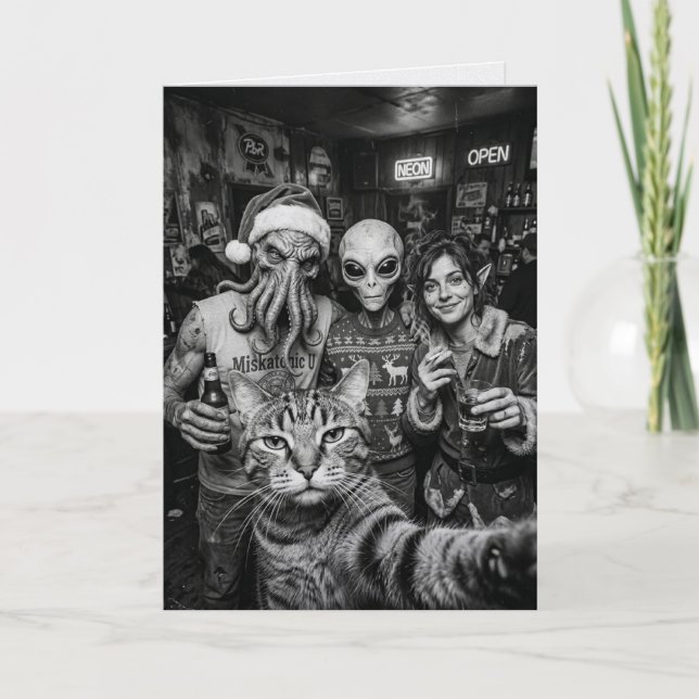 Cat Selfie Bigfoot Alien Christmas Card (Front)
