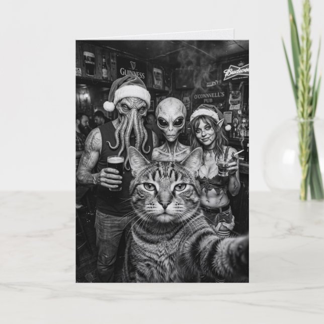 Cat Selfie Bigfoot Alien Elf Bar Christmas Card (Front)