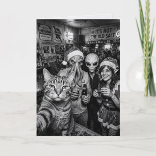 Cat Selfie Bigfoot Alien Elf Bar Christmas Card